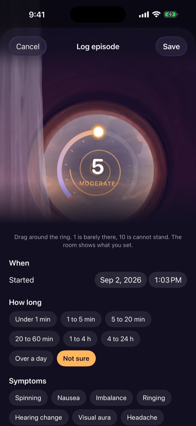 Logging an episode: the dial in the window set to five, moderate